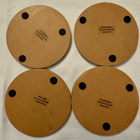 Faux Marble Wood Look Round Coasters Set of 4 Made in India 4" Rustic MCM Style - Picture 2 of 4